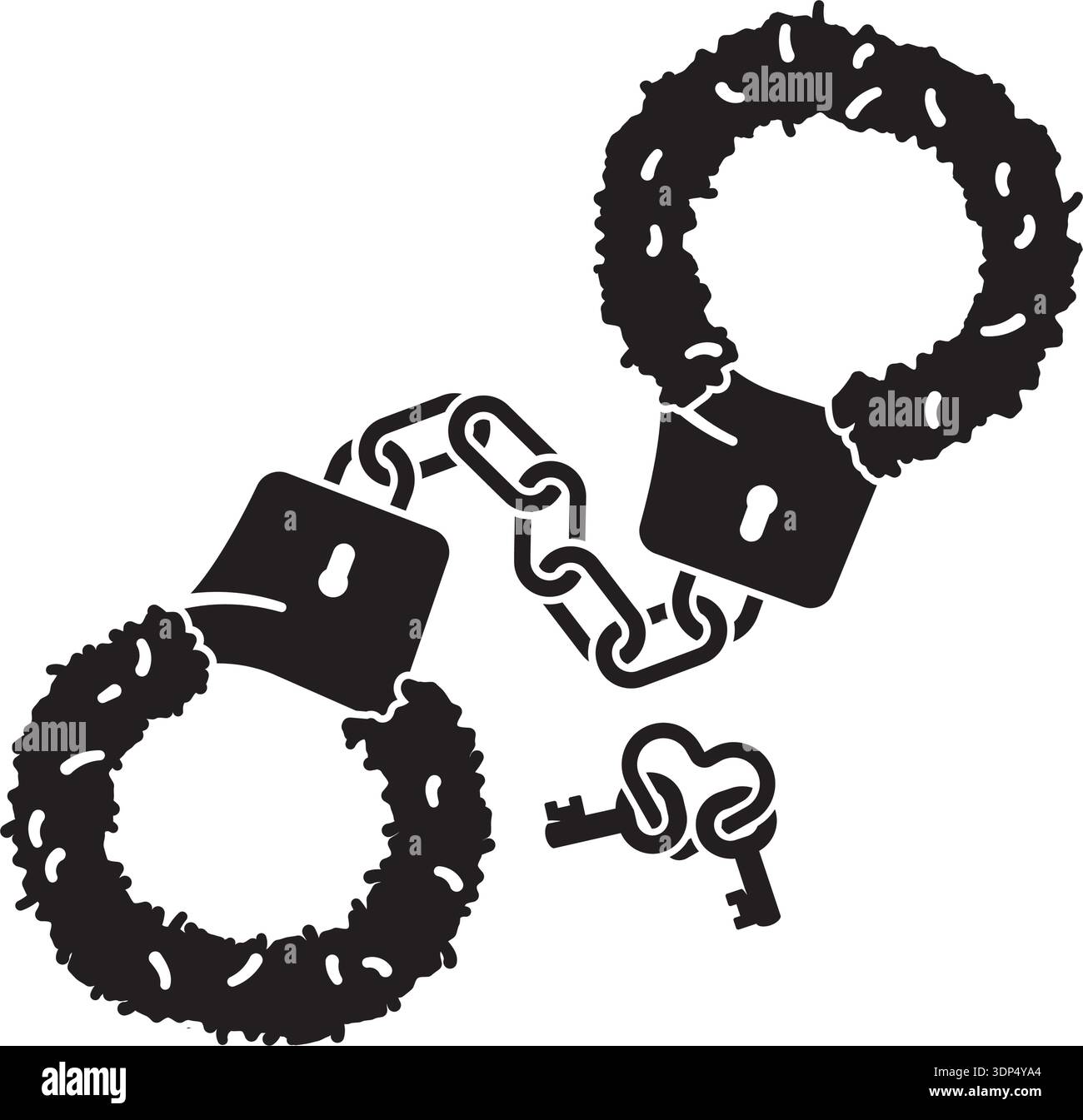 Fuzzy handcuffs adult toy and keys on heart-shaped key ring vector icon Stock Vector