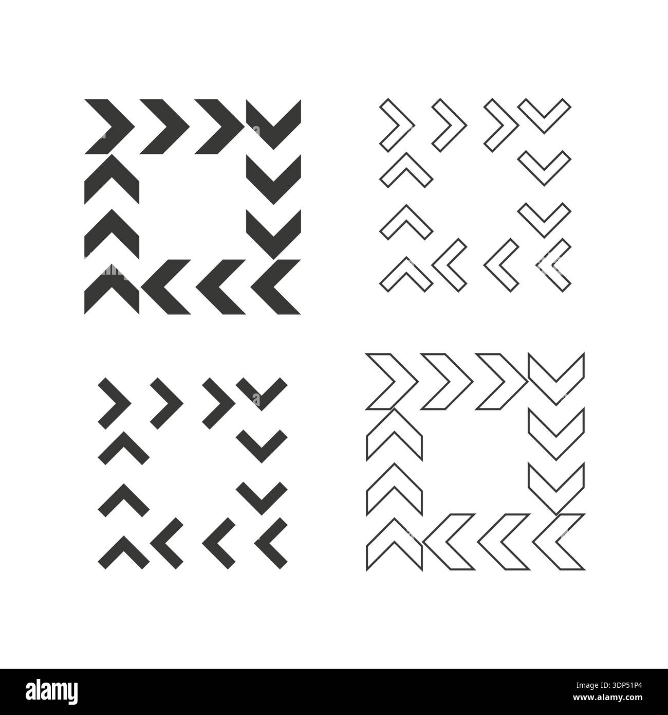 Multiple chevron arrow icon. Sharp directional pointer symbol. Navigation Vector. Minimalist geometric square frame shape. EPS 10. Stock Vector