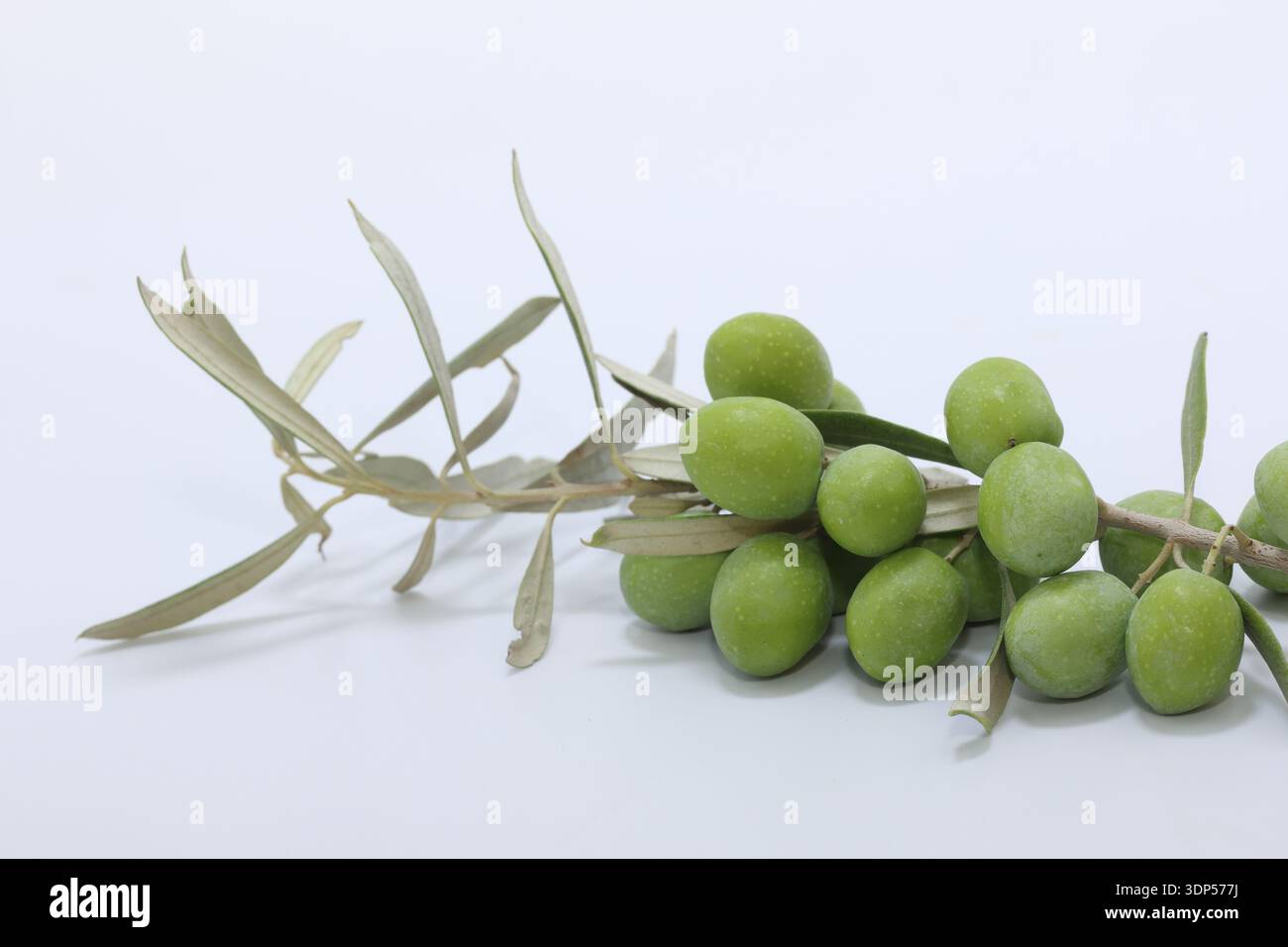 green olives and leaves on white background Stock Photo