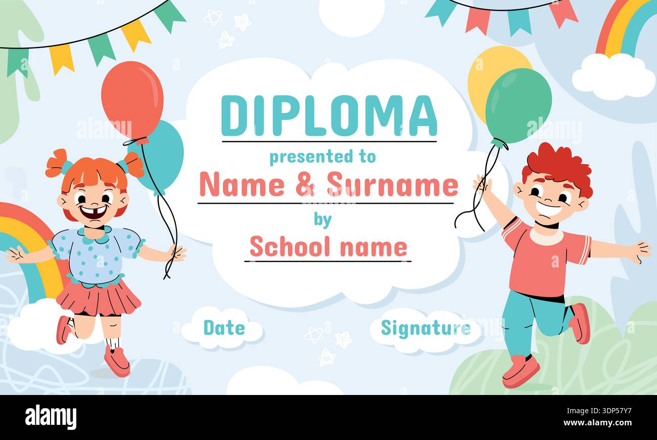 Colorful school diploma template for children graduation in ...