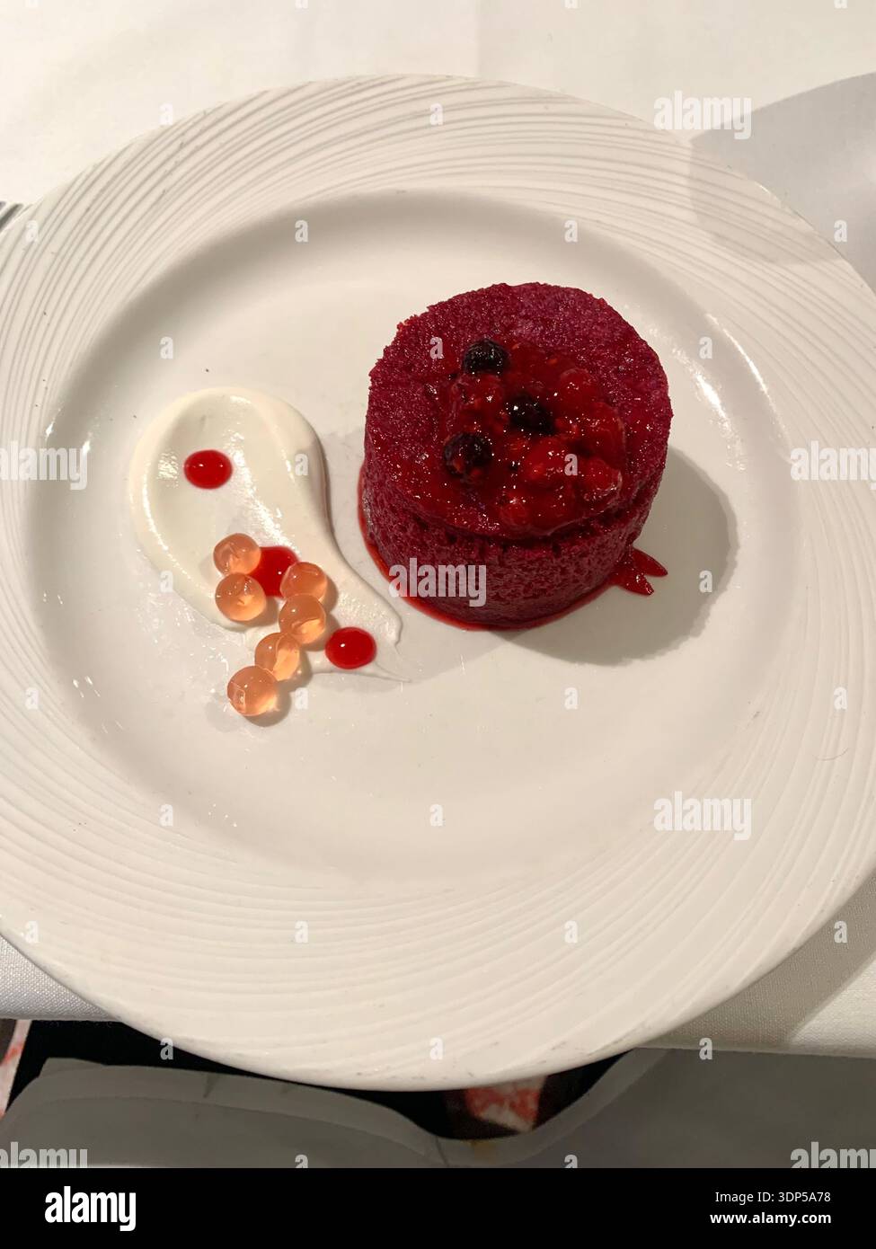 Elegant plated dessert featuring a vibrant red berry cake with fresh fruit garnish served alongside a swirl of cream topped with colourful fruit pearl - Smartphone Captured Stock Image