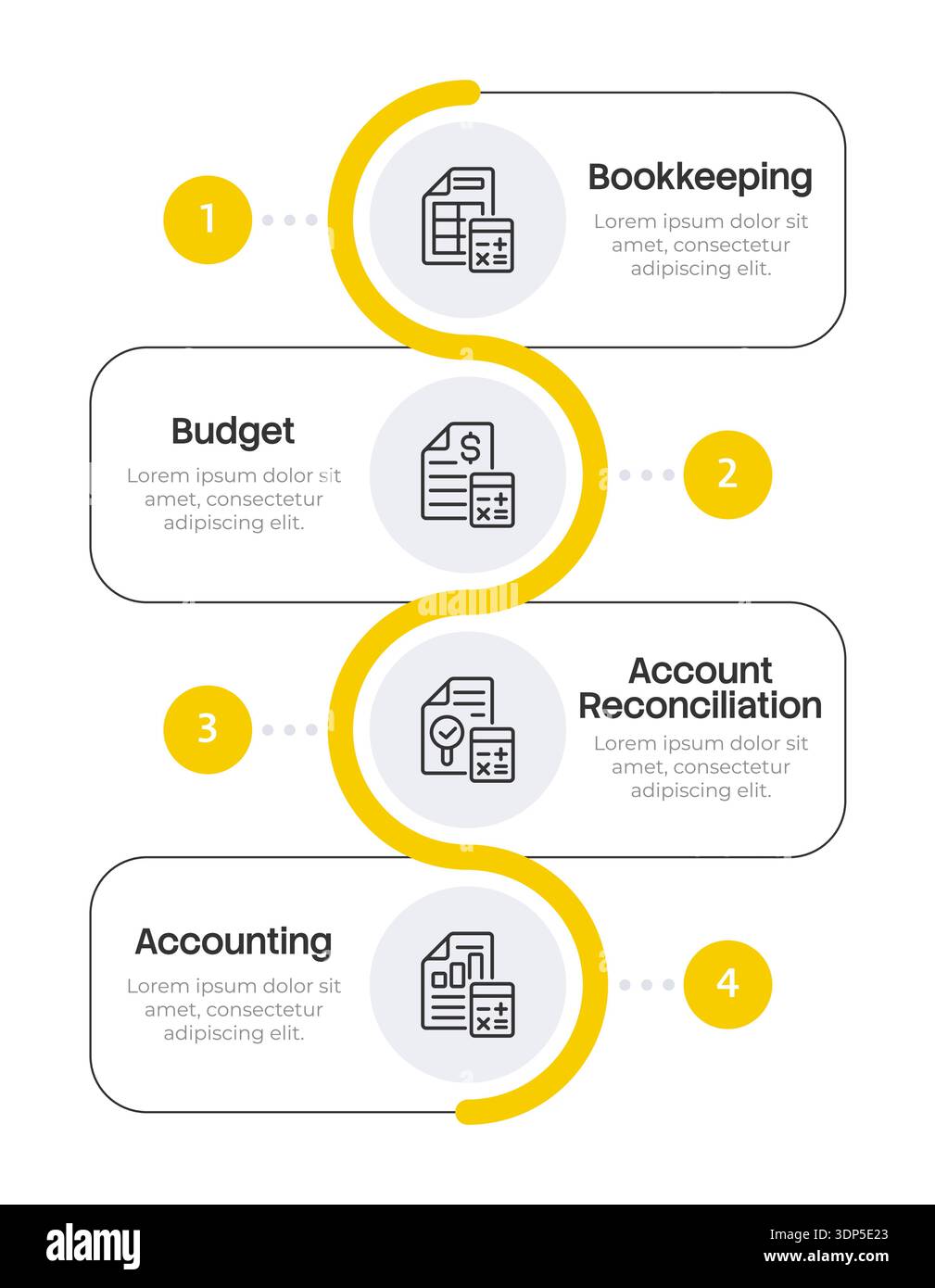 Bookkeeping yellow curve infographic 4 steps Stock Vector