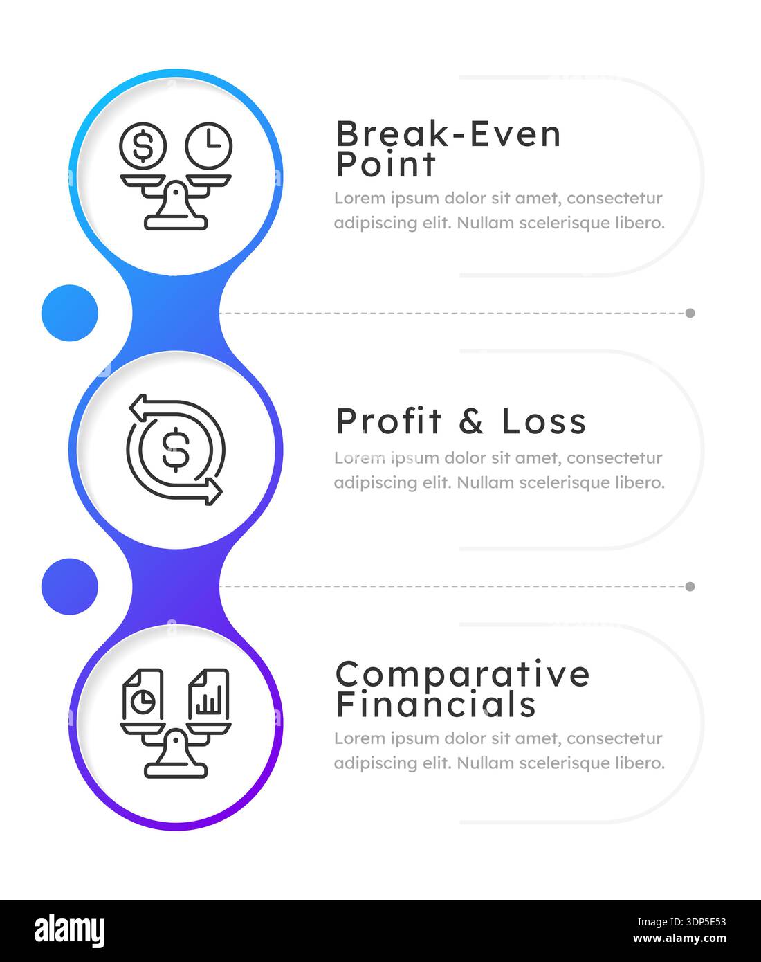 Break even point blue gradient round infographic 3 steps Stock Vector