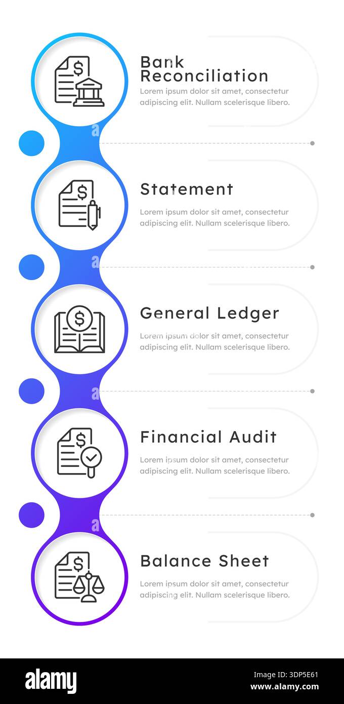 Bank reconciliation blue gradient round infographic 5 steps Stock Vector