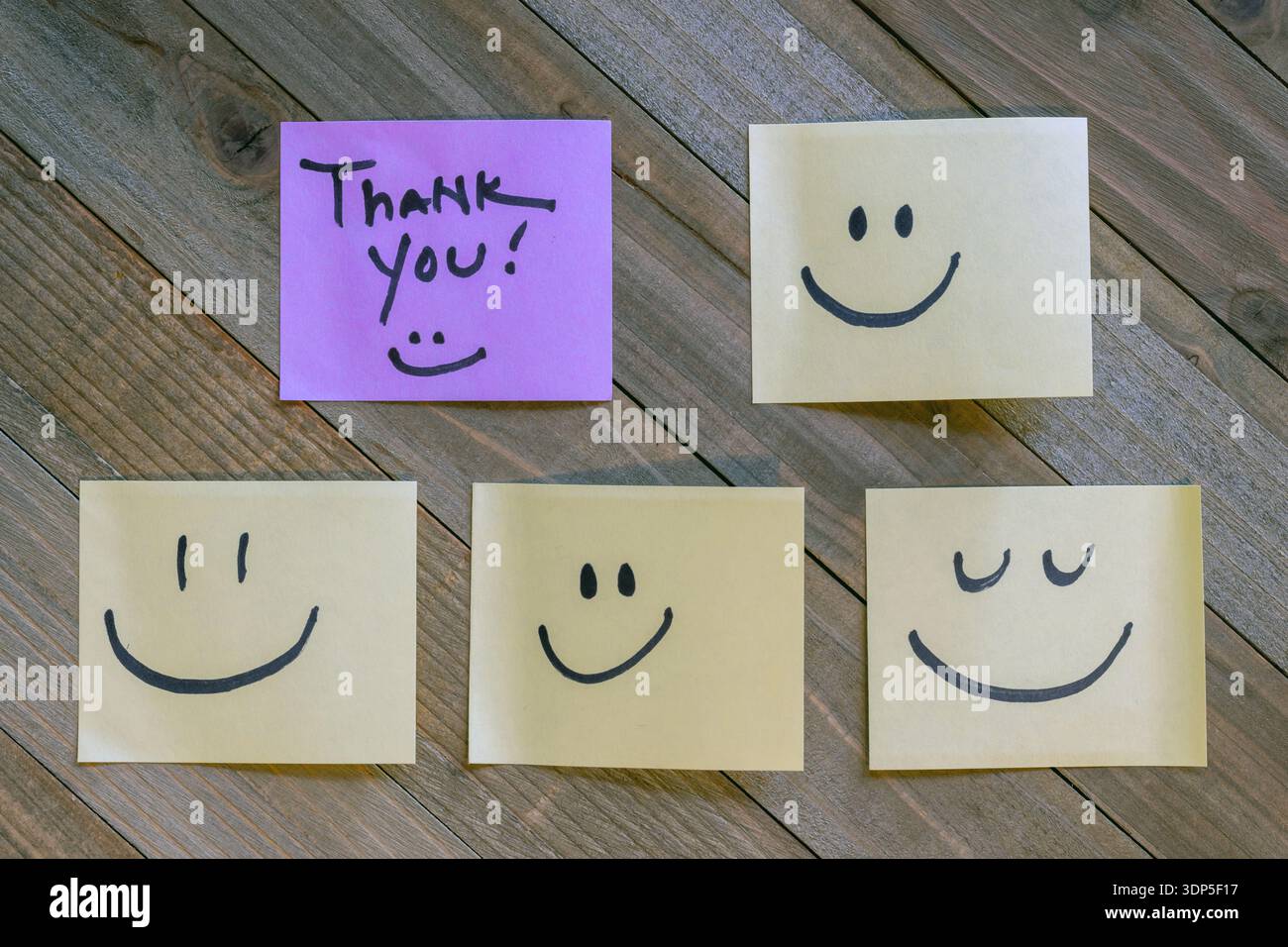 Thank you handwritten text on sticky notes for gratitude and appreciation concept flat lay Stock Photo