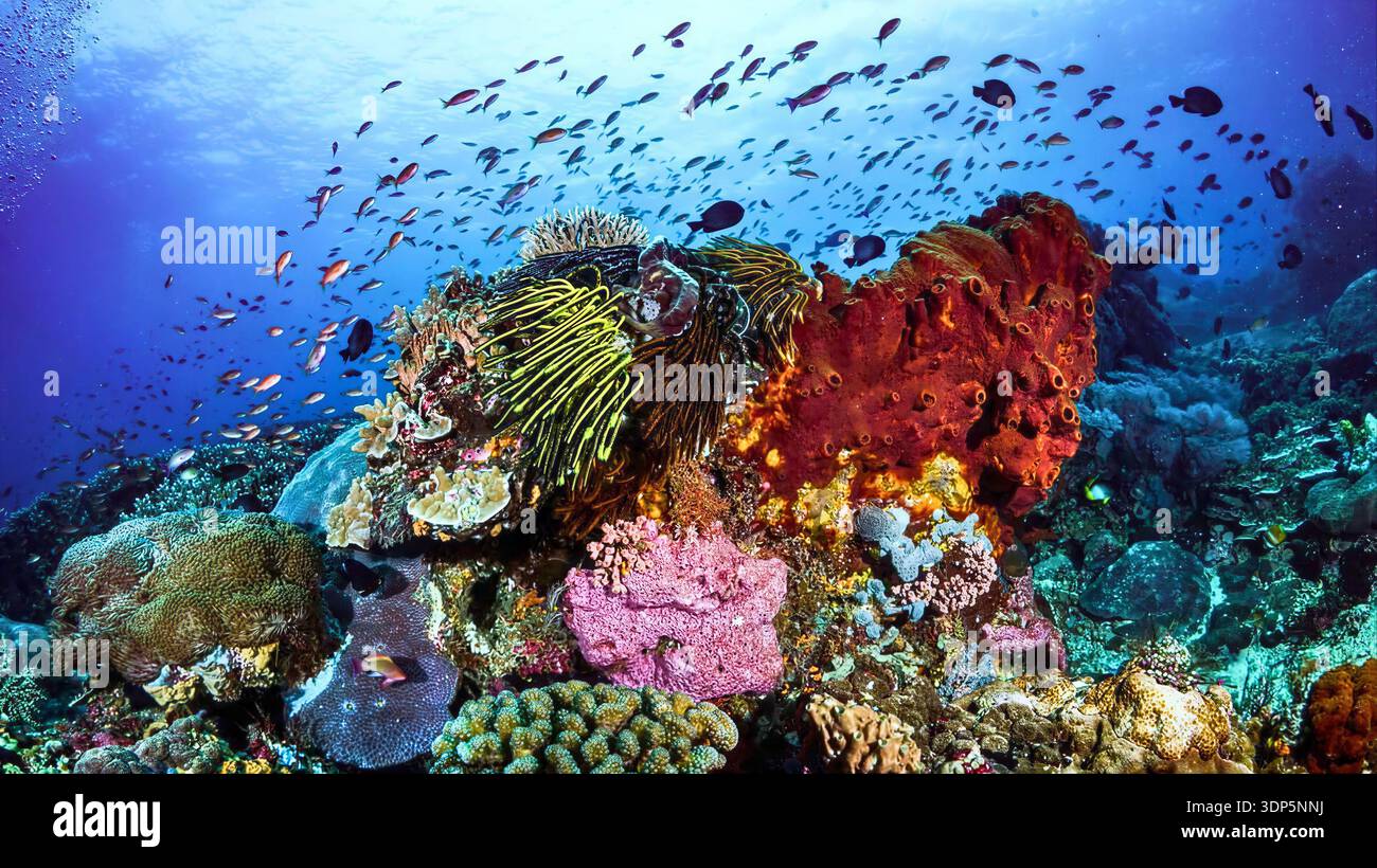 Vibrant coral reef teeming with tropical fish, and marine life in clear ...