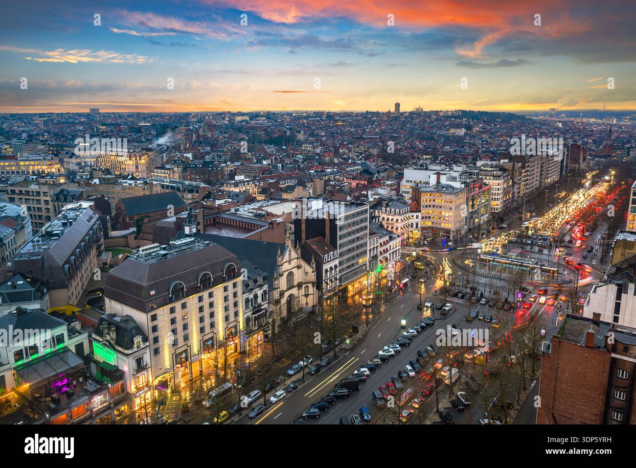 Brussels, Belgium cityscape with traffic along Boulevard de Waterloo at night. Stock Photo