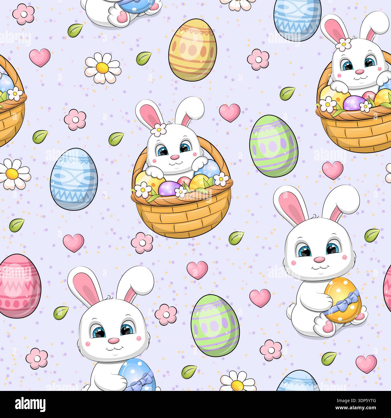 Easter seamless pattern with cute cartoon white rabbits and  Easter eggs. Holiday vector illustration with bunnies on lilac background. Stock Vector