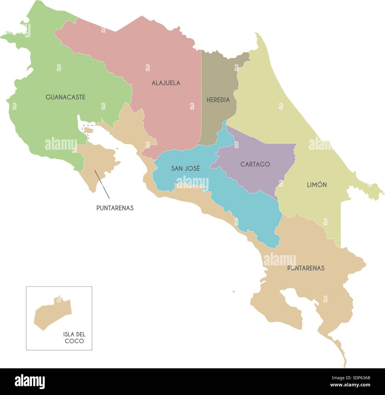 Vector map of Costa Rica with regions or territories and administrative