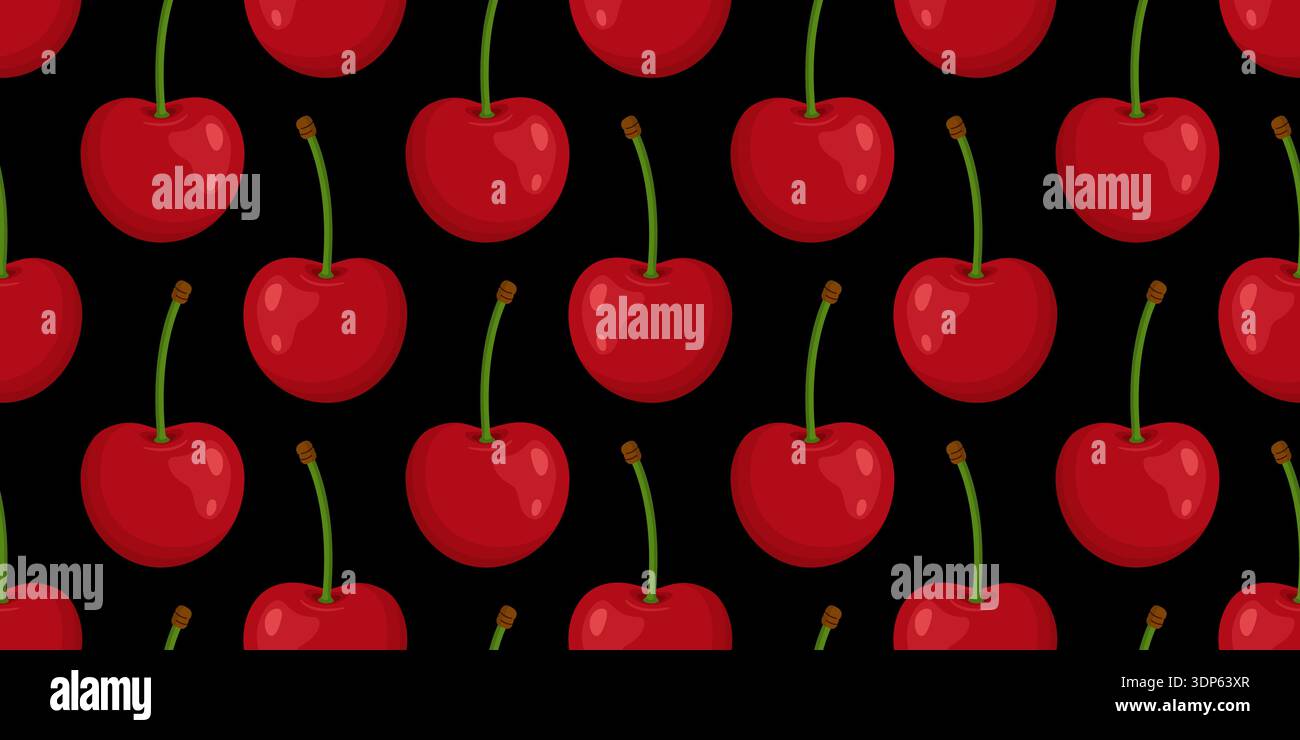Seamless pattern with red cherries and green stems on black background. Bright flat style. Ideal for textiles, wrapping paper, kitchen decor, packaging, and summer designs. Vector illustration Stock Vector