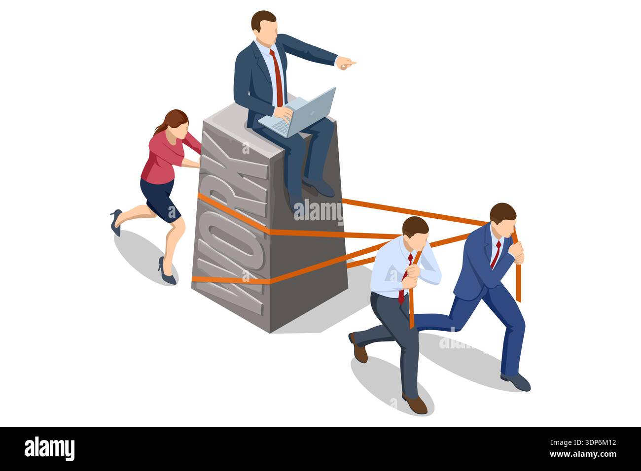 Isometric business concept with leader sitting on heavy stone while team pull with rope. Authority, control, delegation and corporate pressure Stock Vector