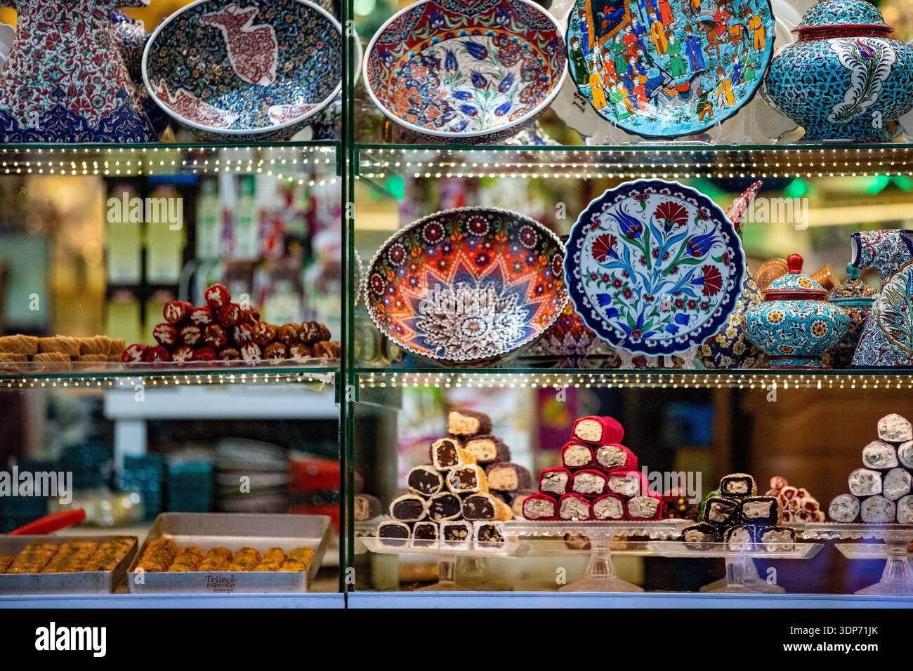 Showcase of the gift shop with traditional ceramics and sweets in ...
