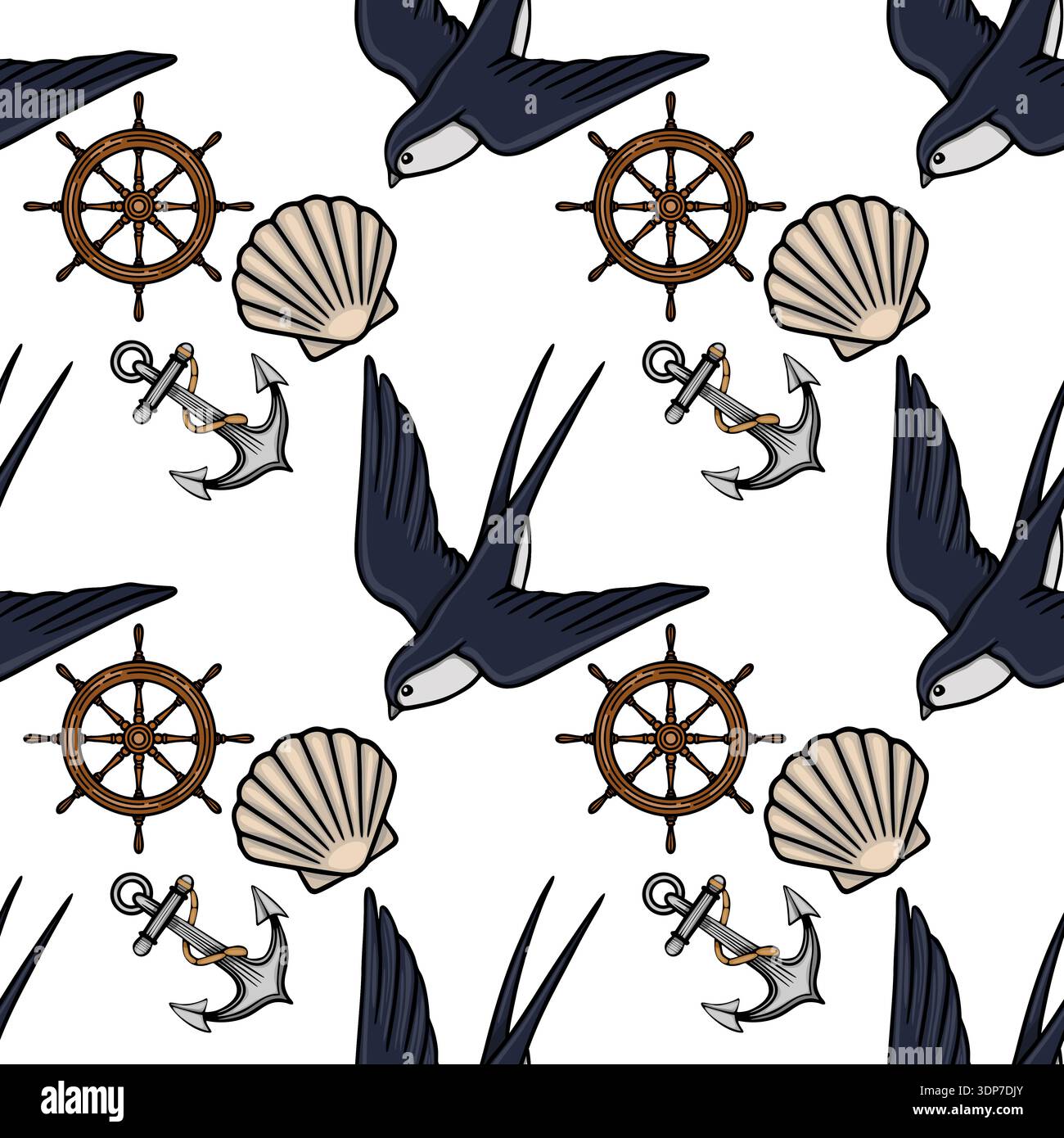Nautical seamless pattern vector illustration with swallow birds, ship wheels, anchors, and seashells Stock Vector
