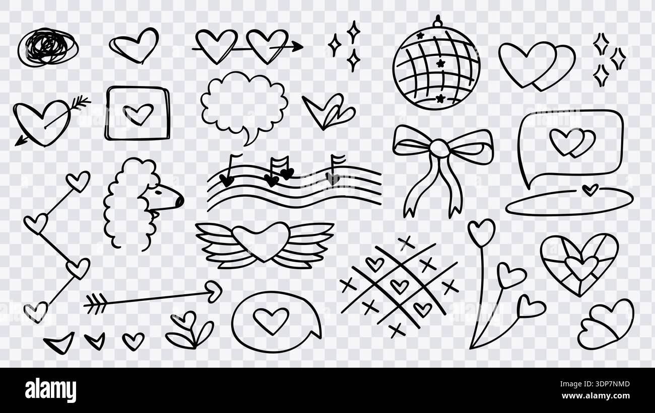 Valentine Day Doodles Set with Hand Drawn Heart Elements. Vector ...