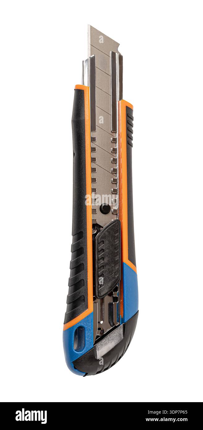 Utility knife with an orange, blue, and black handle appearing vertically on a transparent background Stock Photo