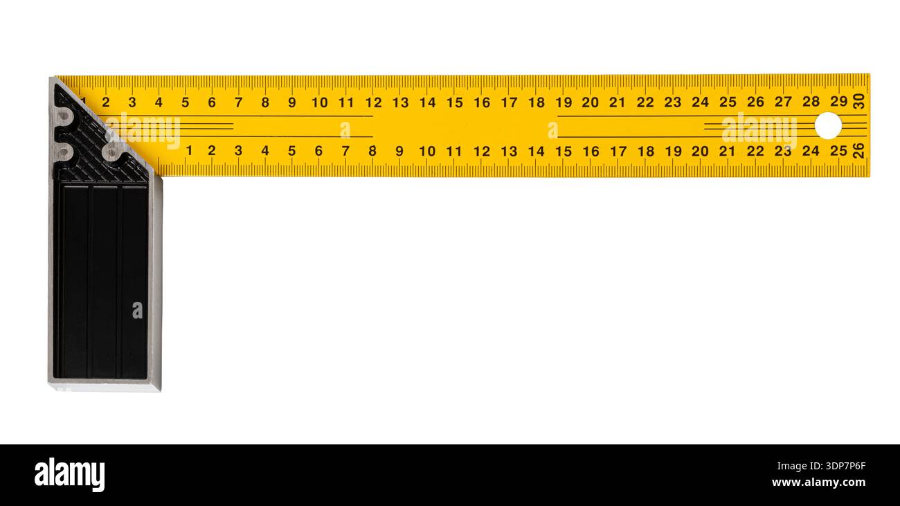 Yellow try square showing measurement markings for construction and ...