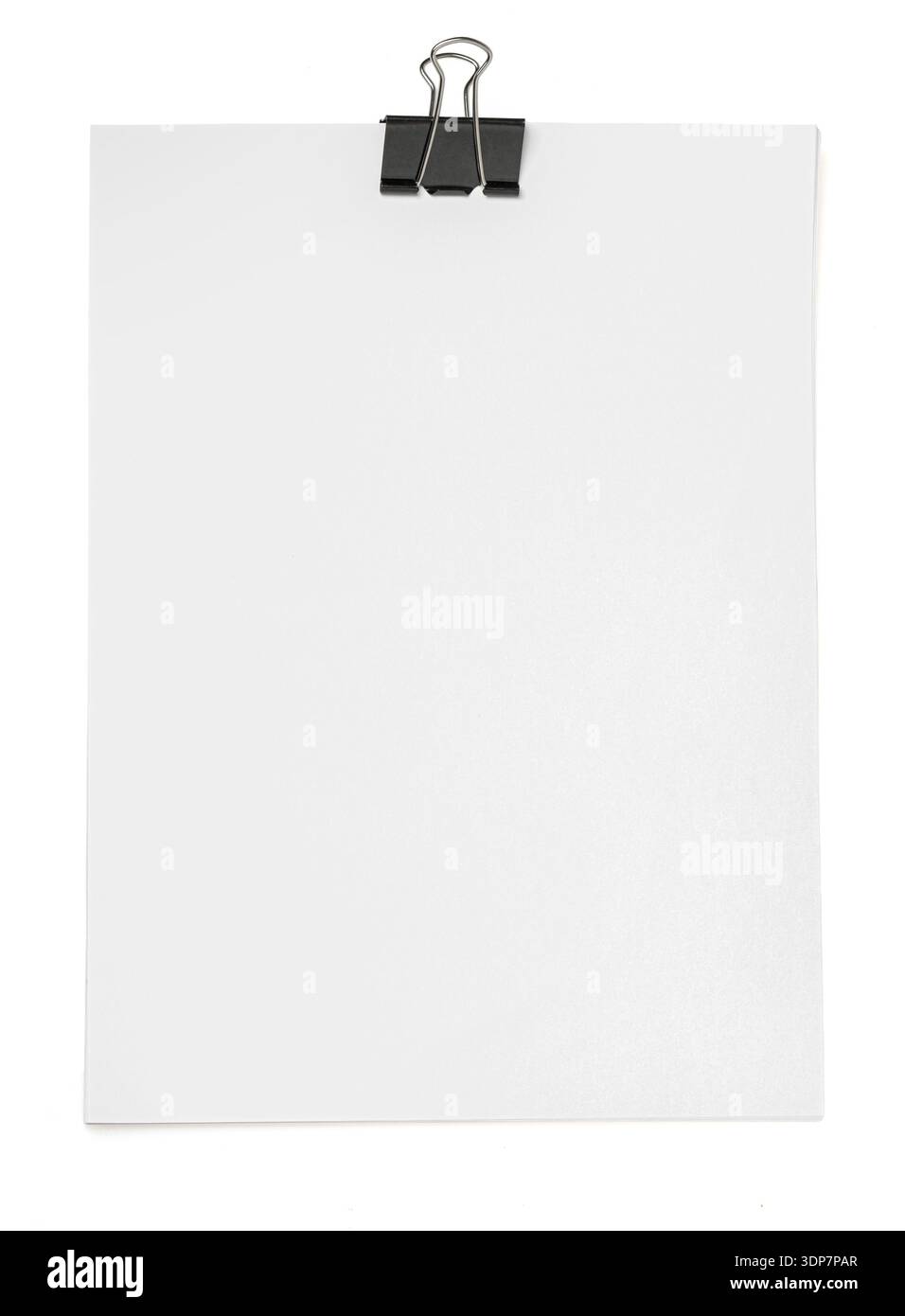 Blank paper sheet held by a black binder clip, isolated on a white background Stock Photo