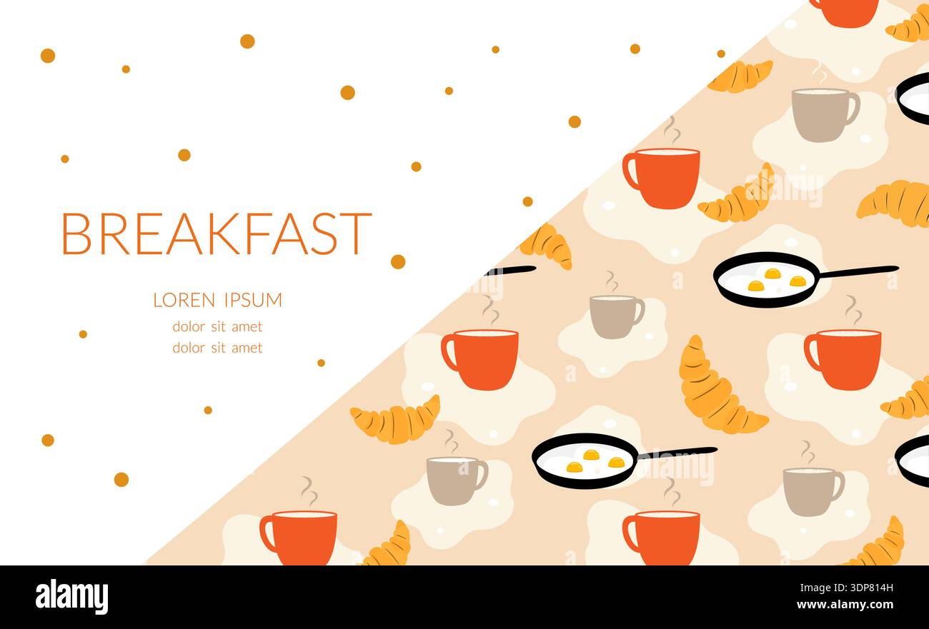 Breakfast pattern with cups, fried eggs, and croissants on white and beige background vector Stock Vector