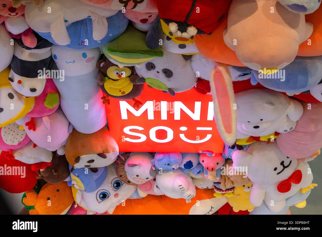 Mini So Sign Editorial, Amsterdam, 05.02.2026 MINISO plush toy display. Colorful ...
