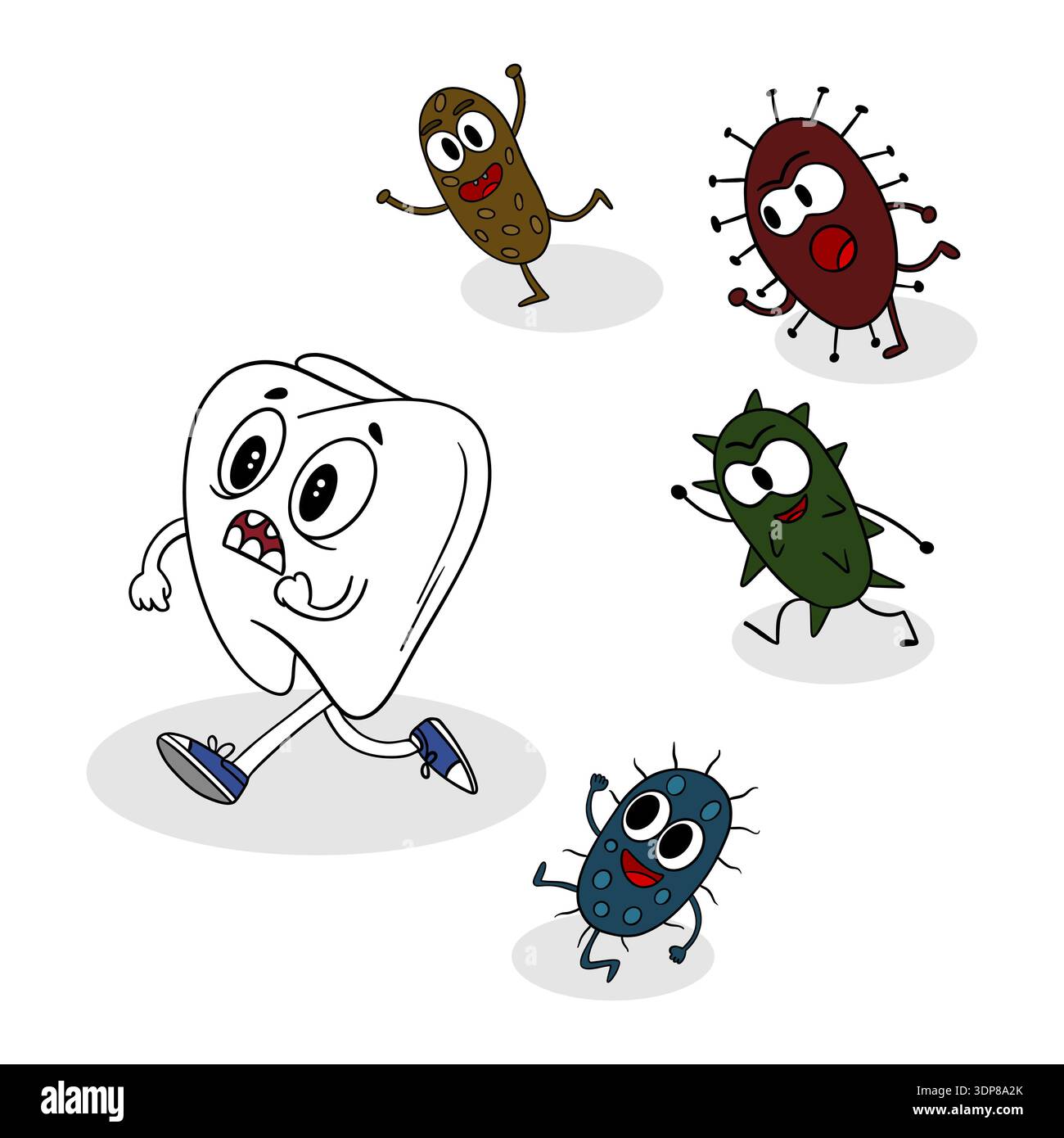 Tooth Cartoon Running Hand-drawn children’s illustration of tooth running away from attacking ...