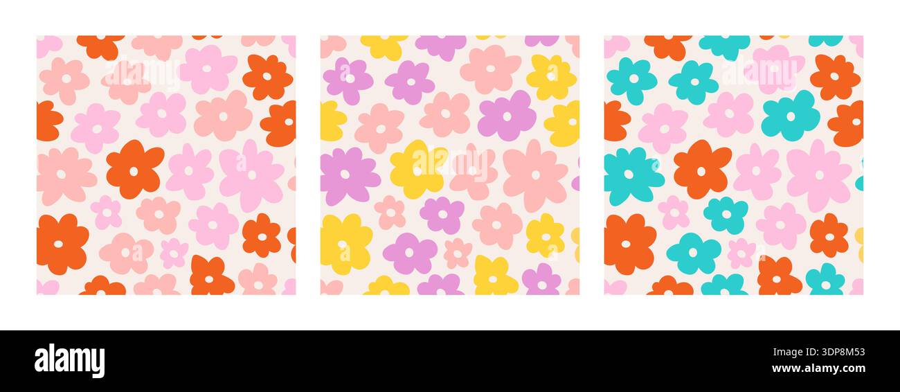 Seamless patterns with vector cute groovy flowers. Stock Vector