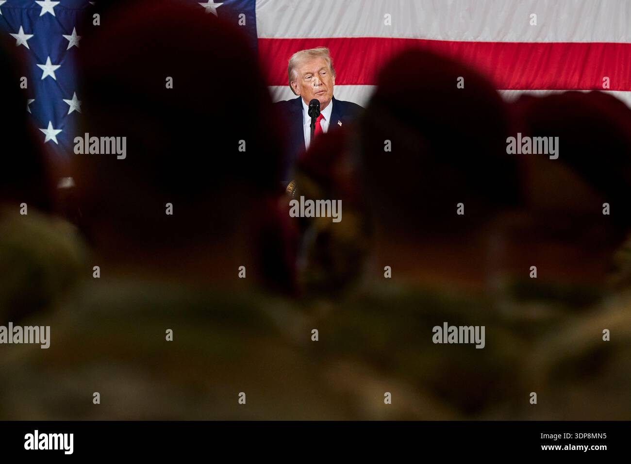 President Donald Trump gives remarks to the troops in Fort Bragg, N.C ...
