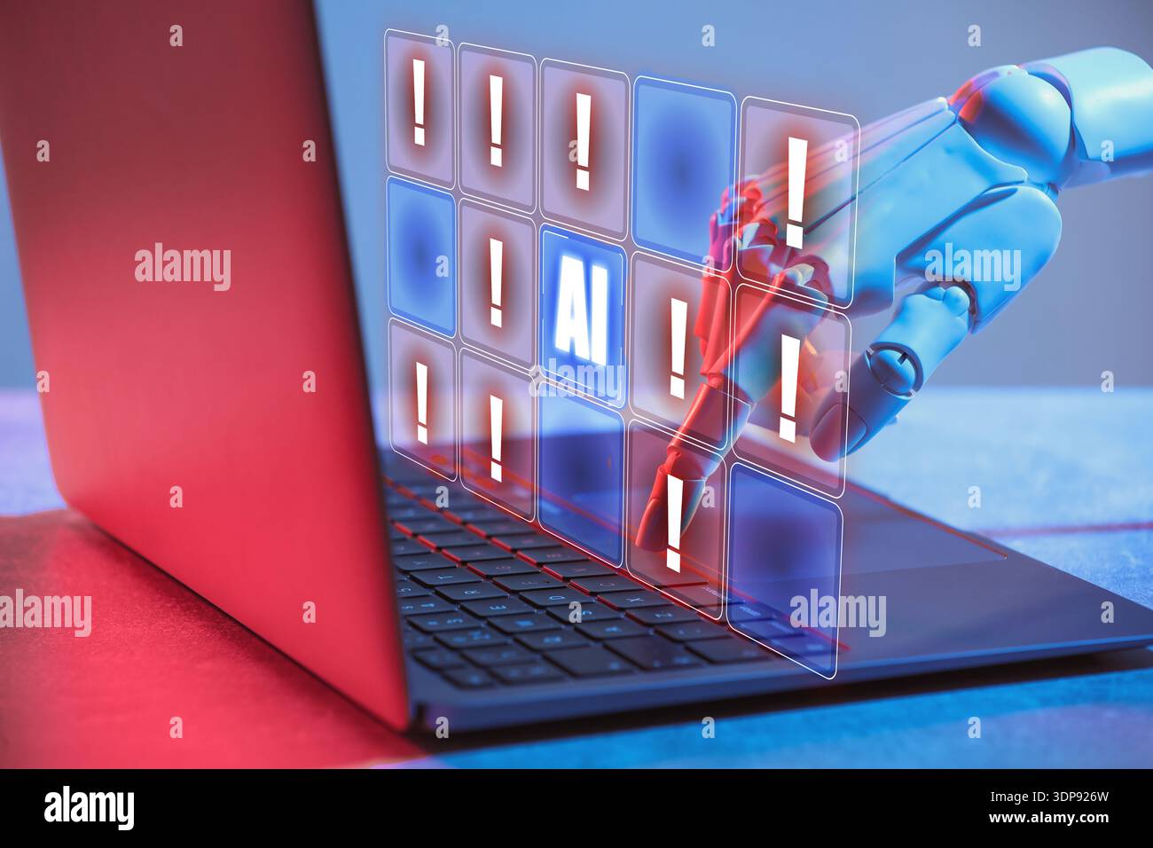 Robot using laptop, virtual screen above computer showing AI icon and warning notifications. Artificial intelligence safety Stock Photo
