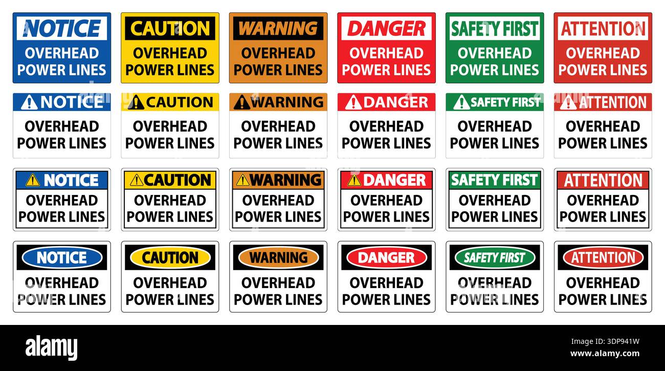 A diverse collection of safety signs warning about overhead power lines ...