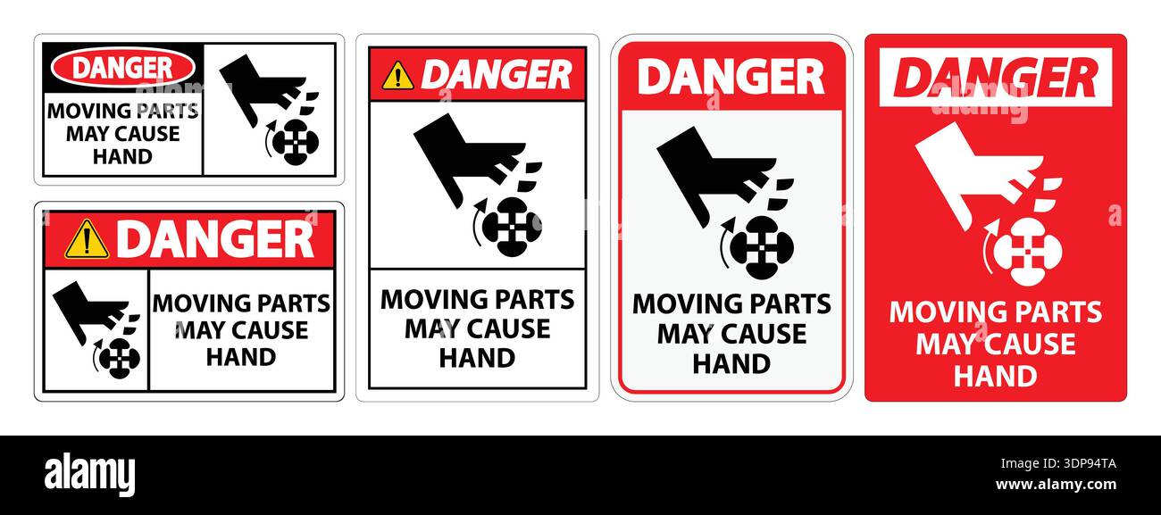 A collection of safety warning signs indicating danger from moving ...