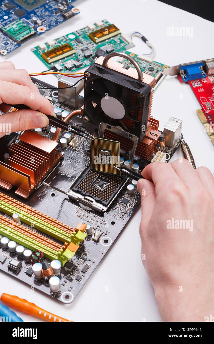 Technician plug in microprocessor to motherboard Stock Photo