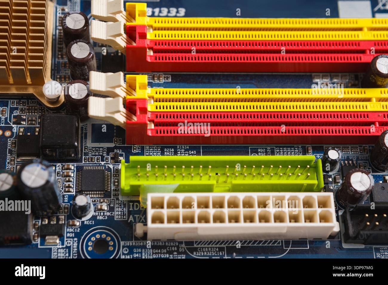 Computer motherboard components close up Stock Photo