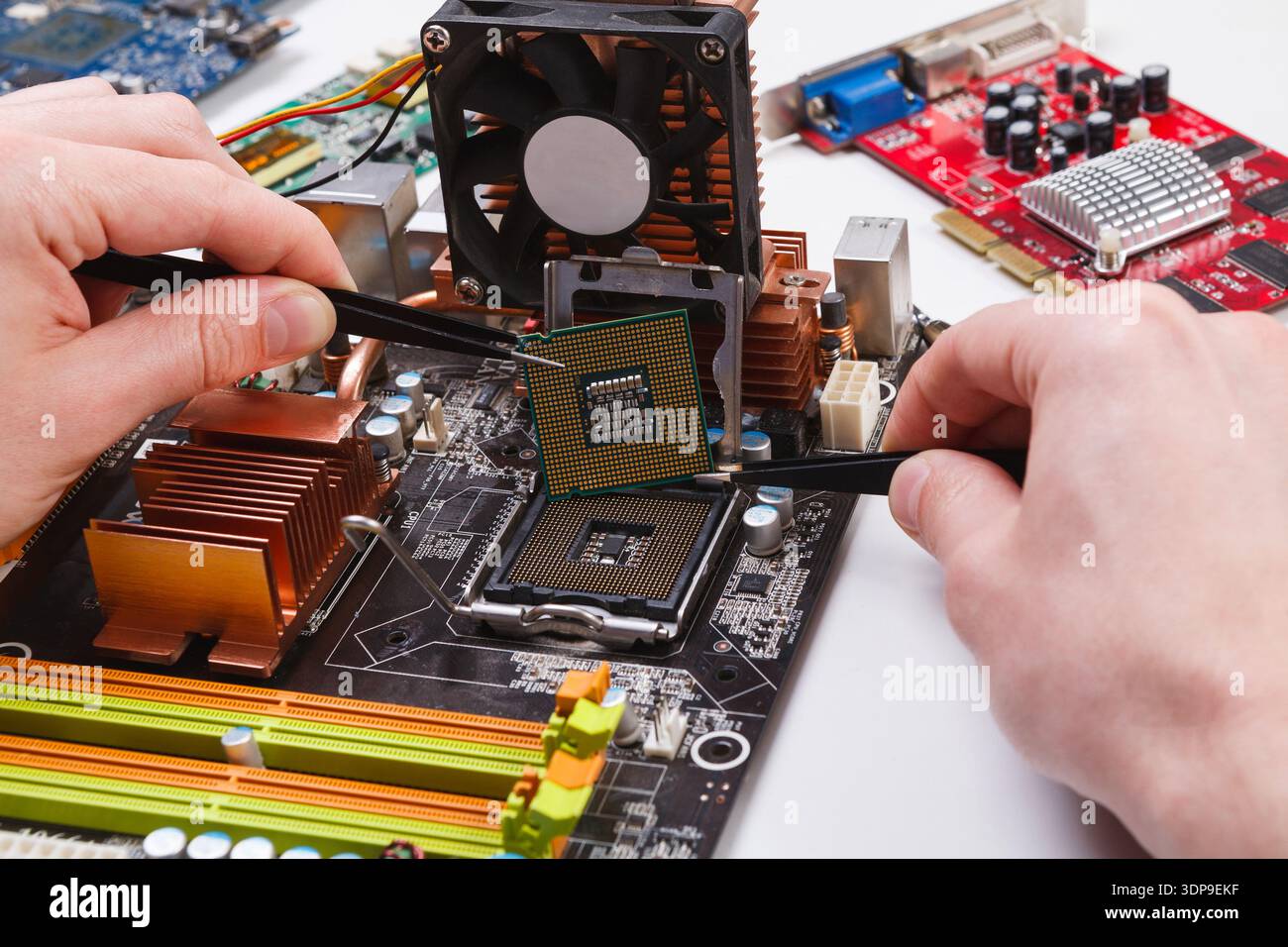 Technician plug in microprocessor to motherboard Stock Photo