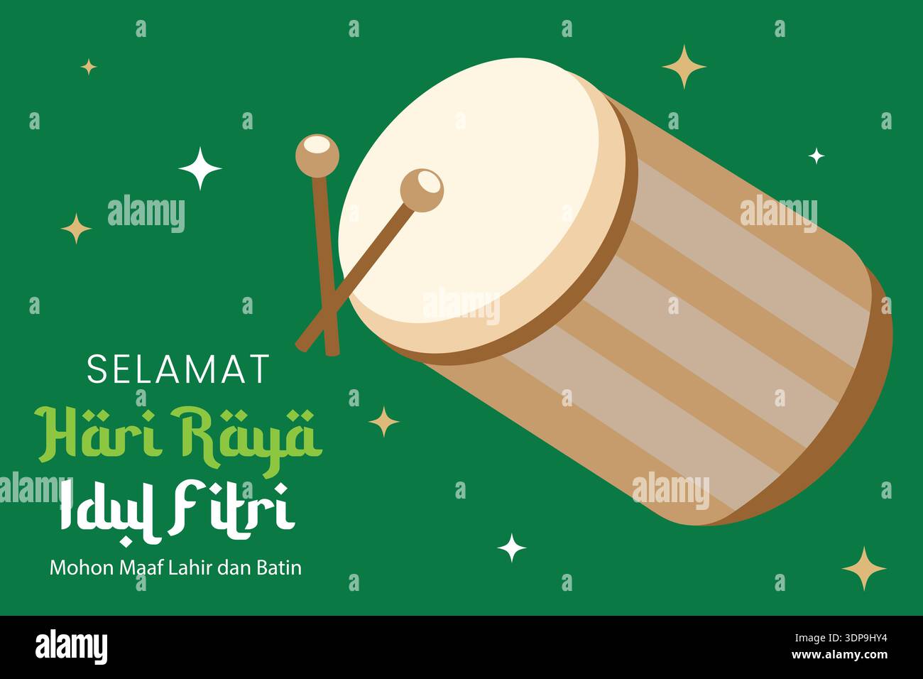 Minimal flat Eid al Fitri wallpaper with Ramadan drum icon, soft colors, and clean festive design Stock Vector