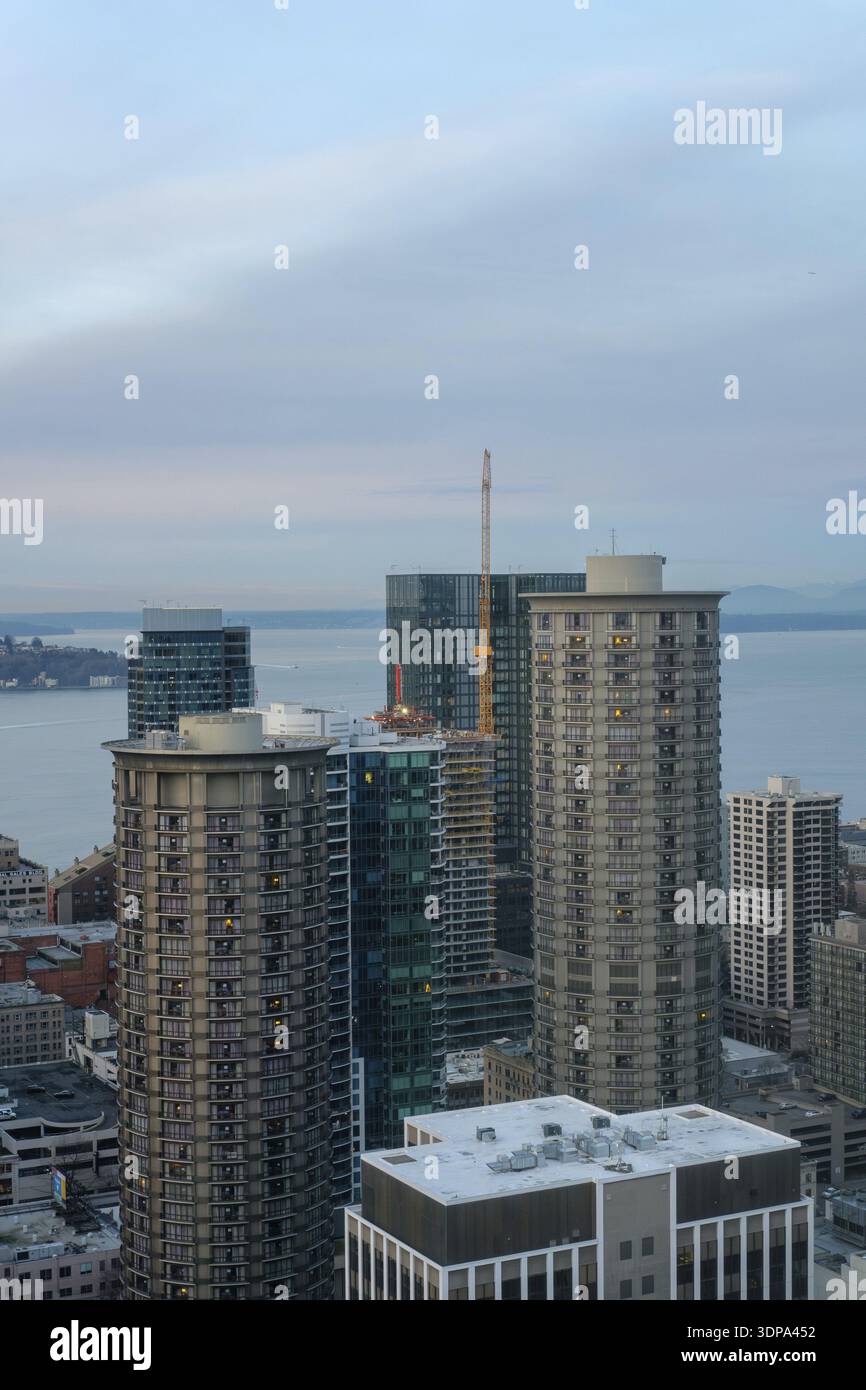 View across foggy downtown Seattle, WA, USA in early 2022, Seattle, United States of America Stock Photo