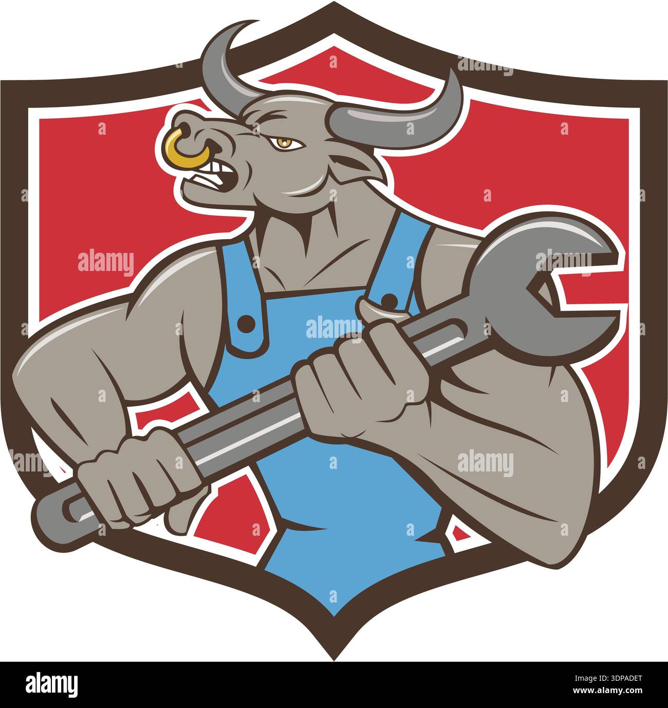 Illustration of a minotaur bull mechanic looking to the side holding ...