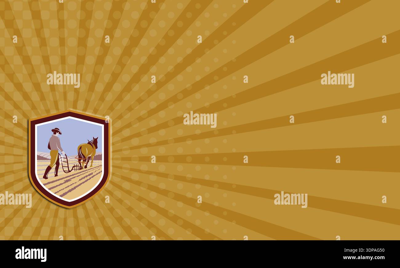 Business card showing illustration of farmer and horse plowing farm ...