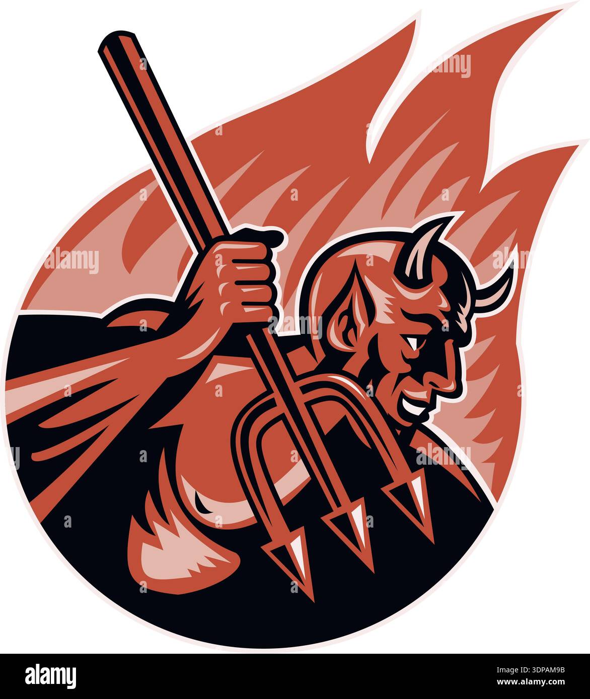 Retro illustration of a devil demon with trident pitchfork set inside ...