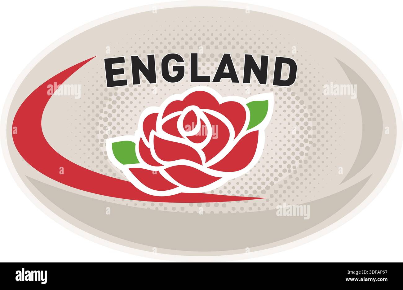 Illustration of a rugby ball with English rose flower and words