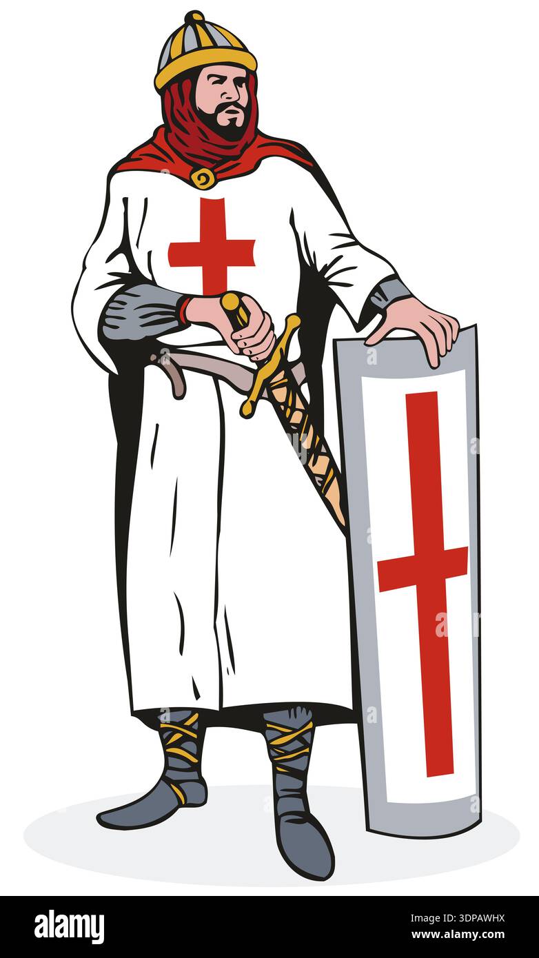 Illustration of knight in full armor with shield and sword done in ...