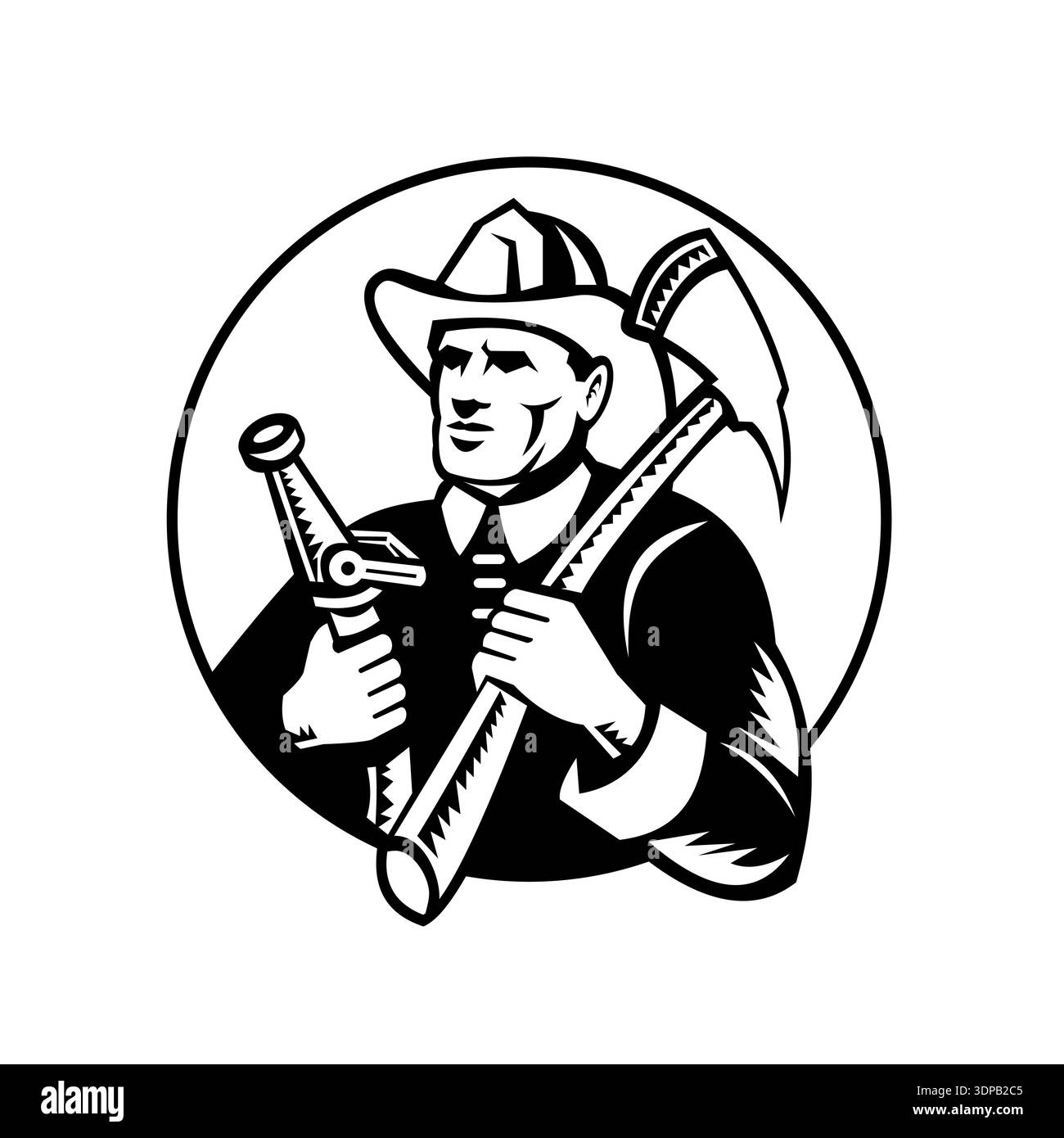 Retro woodcut style illustration of a fireman or firefighter holding a ...