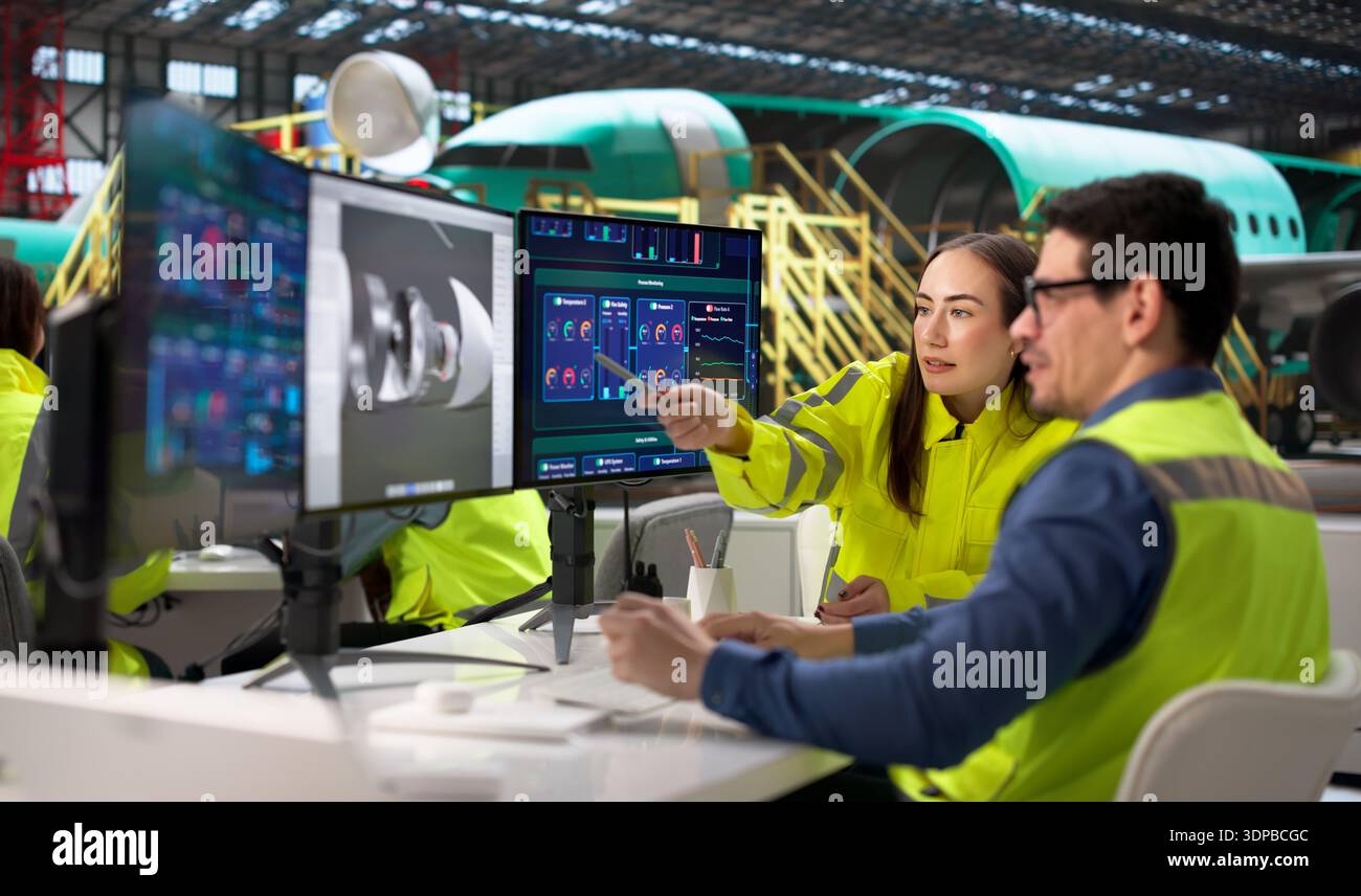 Aerospace Engineers Develop 3D CAD Models On Computer At Warehouse. Stock Photo