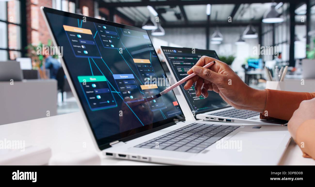 Visual Programmer Developing Automation Software System In African Tech Office Stock Photo
