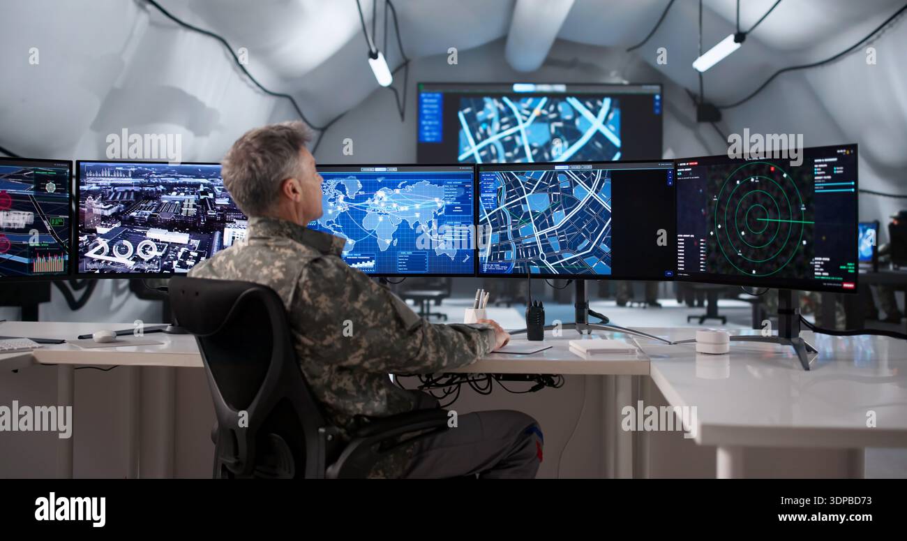 Modern Army Officer Uses Desktop Computer For Field Surveillance ...