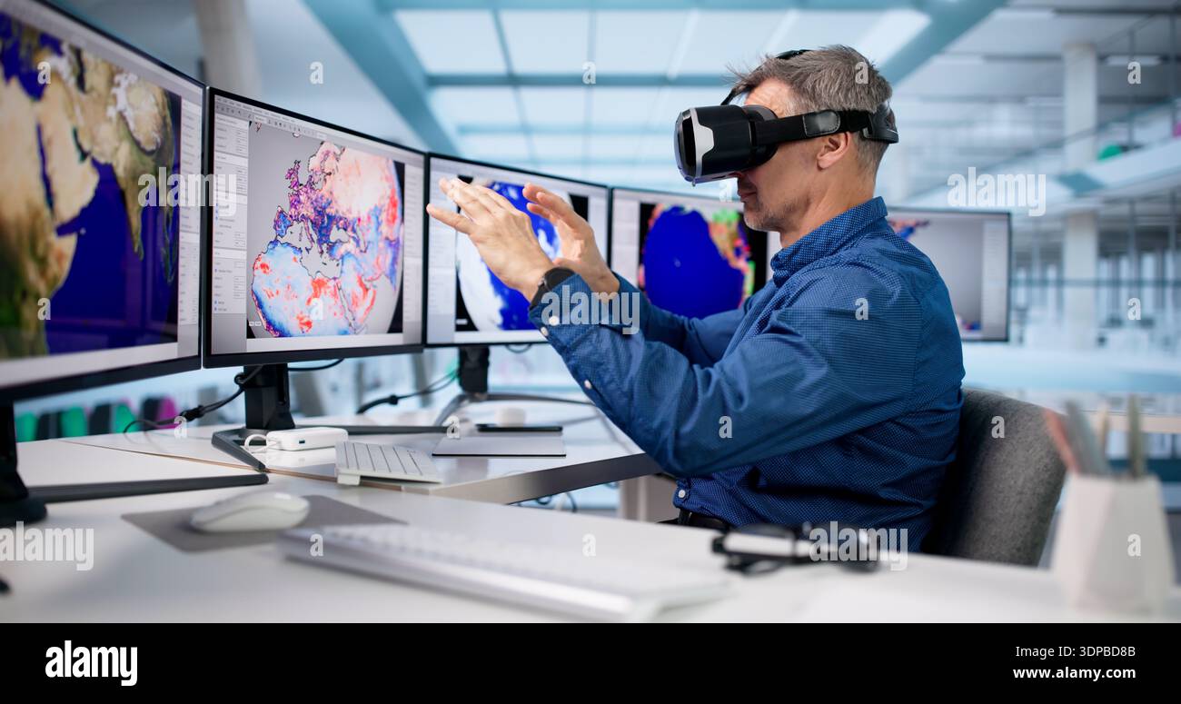 Meteorologists Male Male Meteorologist Uses AR VR Glasses To Analyze Climate Change Data ...