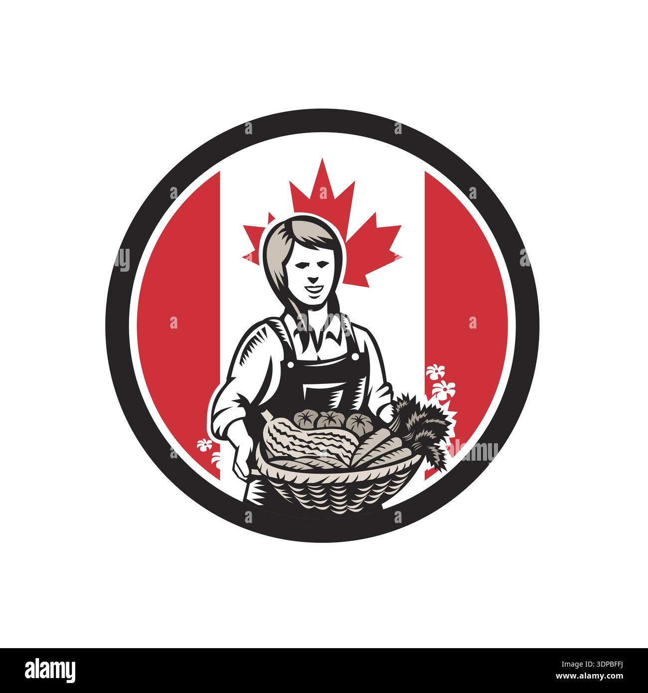 Icon retro style illustration of a Canadian female organic farmer ...