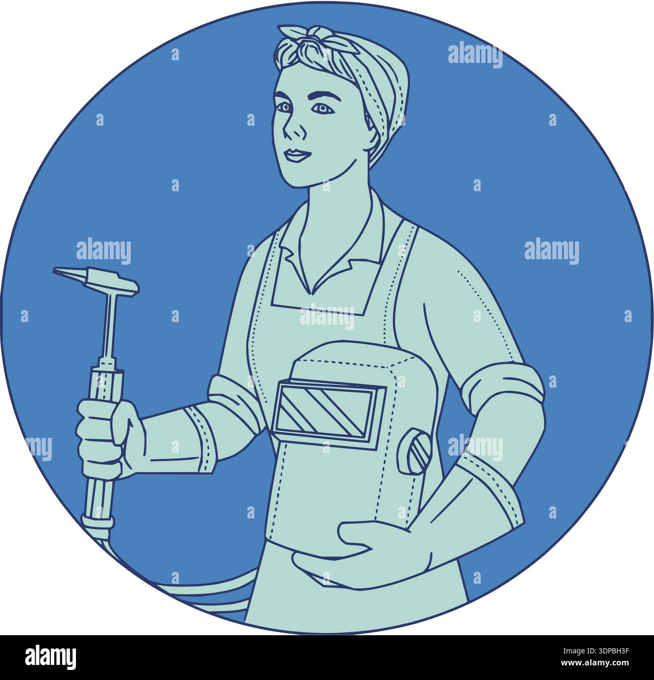 Mono line style illustration of a female welder holding acetylene ...