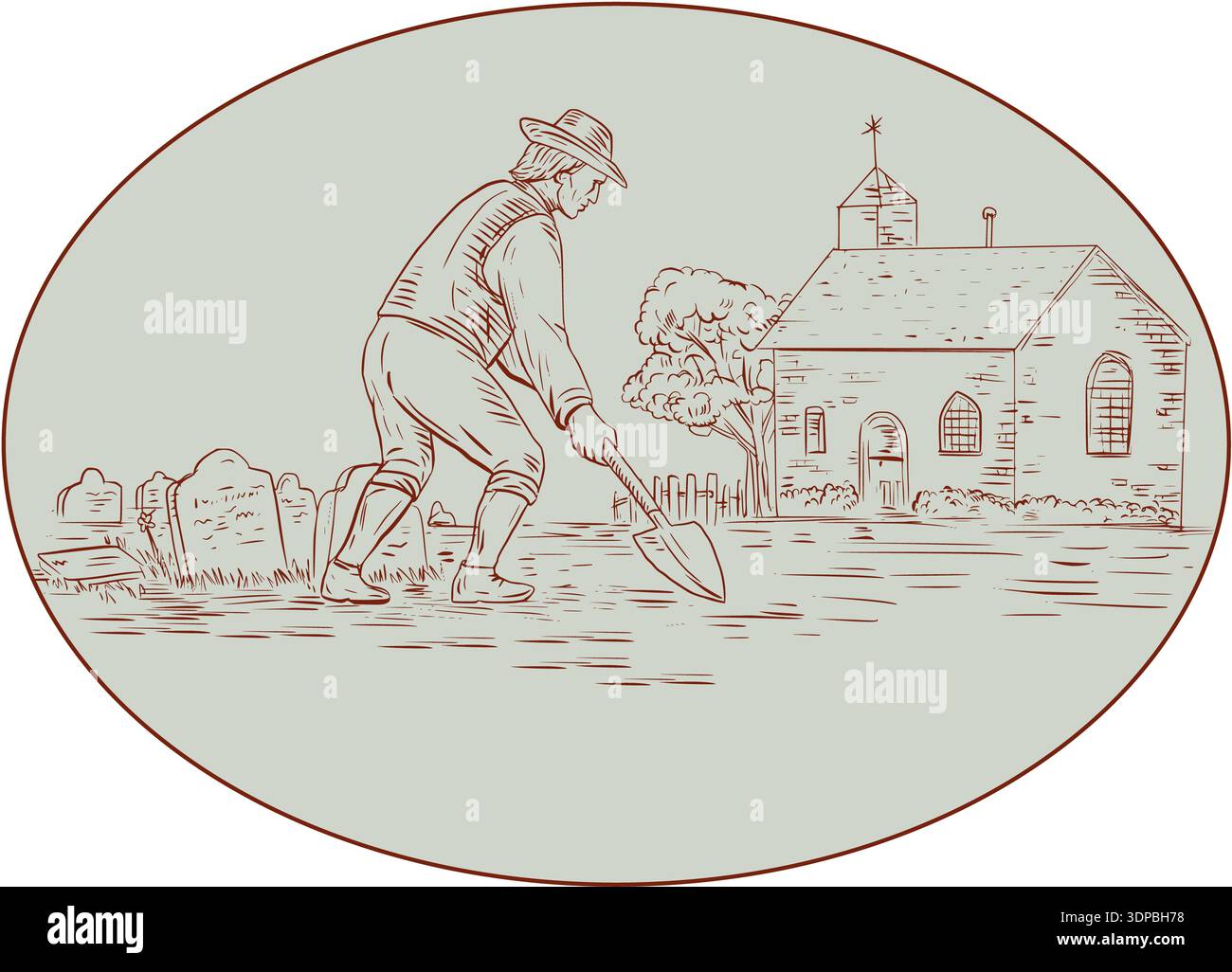 Digging Field Medieval Drawing sketch style illustration of a grave digger in the medieval ...