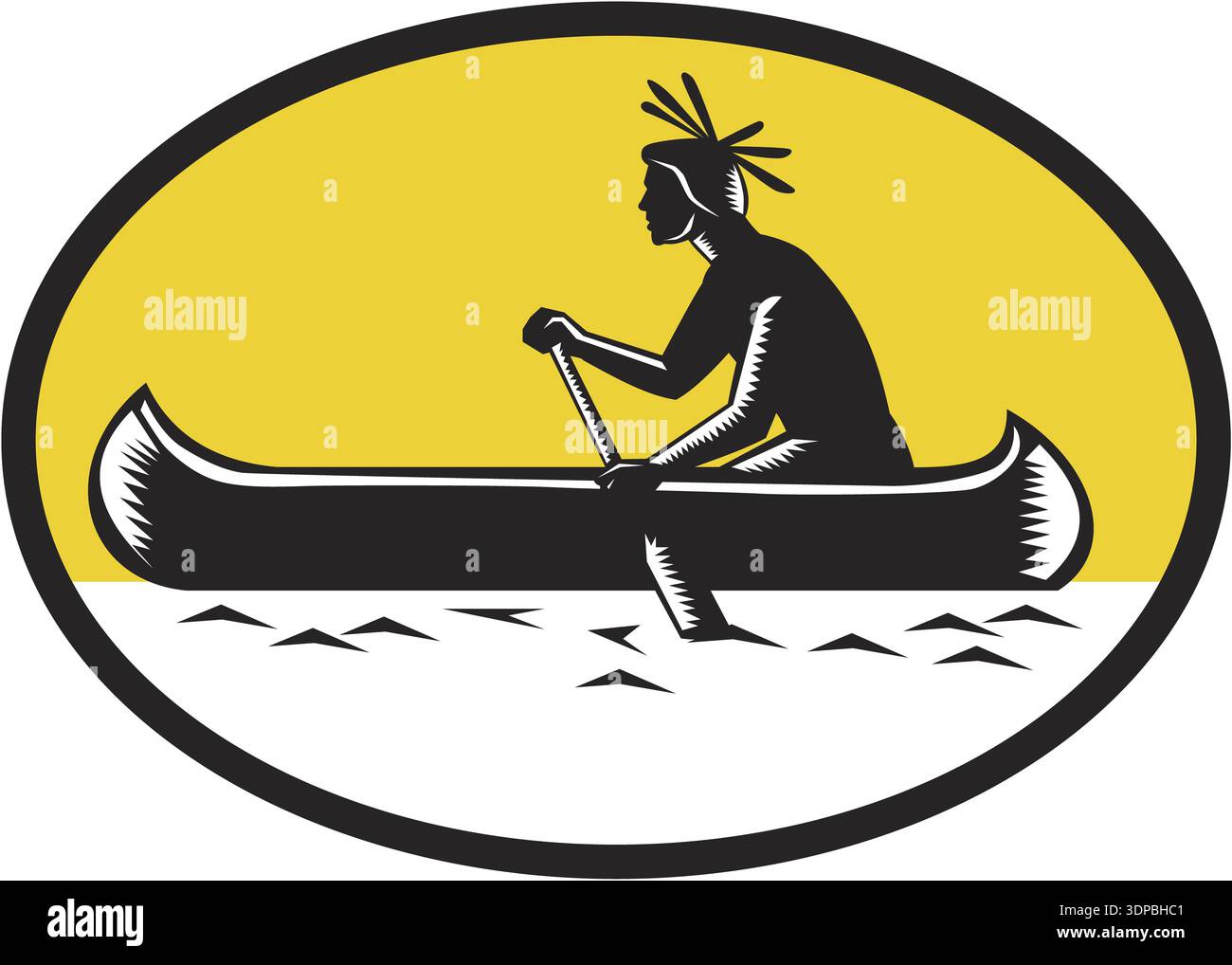 Illustration of a native american indian paddling a canoe viewed from ...