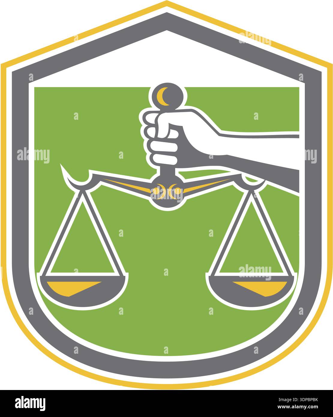 Illustration of a hand holding scales of justice set inside shield ...