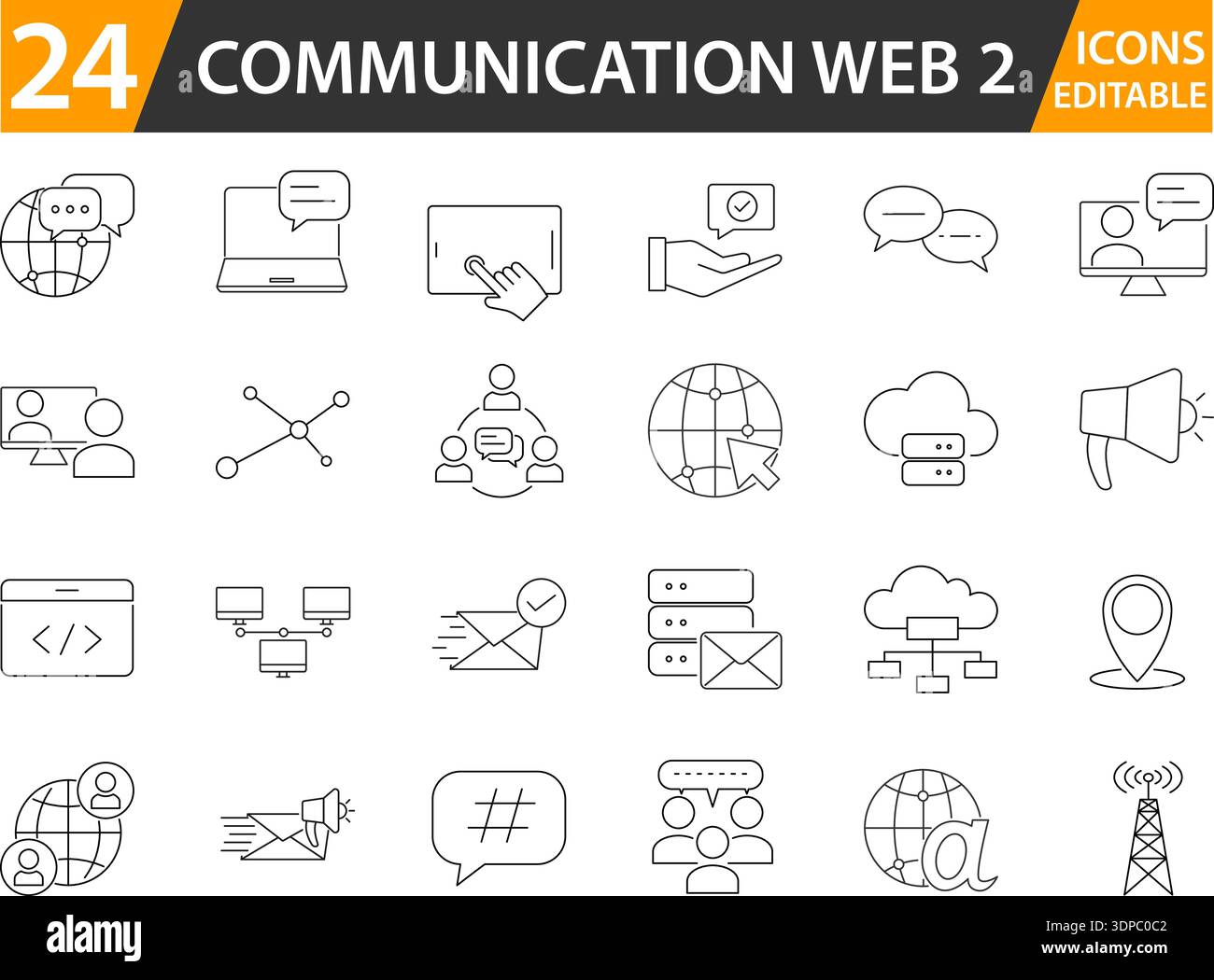 Modern Web Communication Icon Set, Chat, Email, Cloud Network Symbols. Digital Web Communication Icons Pack, Messaging, Connectivity Online Interactio Stock Vector